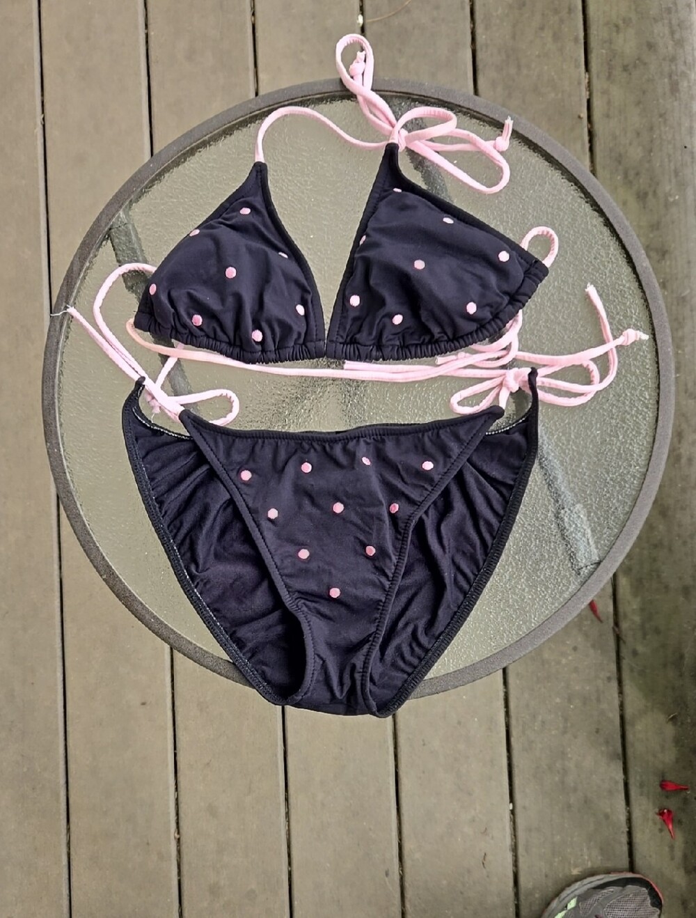 Island Soul Black Bikini with Pink Polka Dots and Pink Ties, Size L